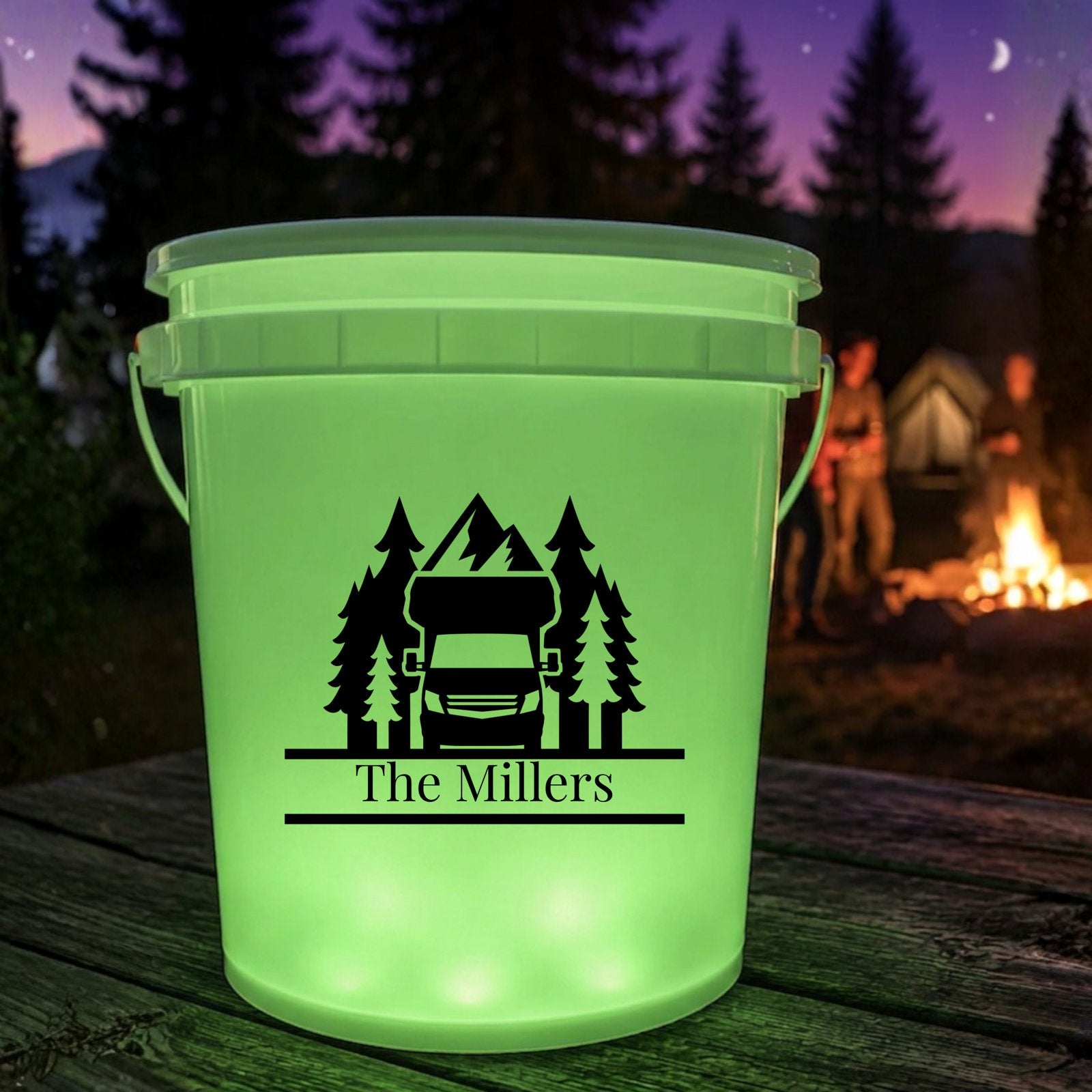 Camper decal design applied to a glowing camping bucket at night