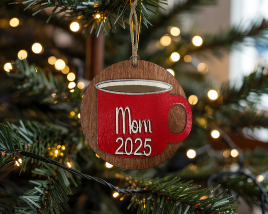 Personalized Wooden Ornament:  Christmas Mug, Laser Cut, Custom Name, Year