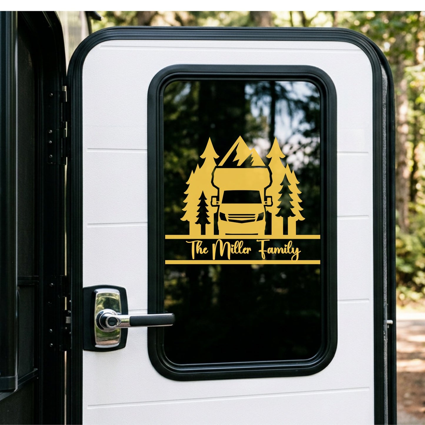 Custom camper decal with family name applied to RV window