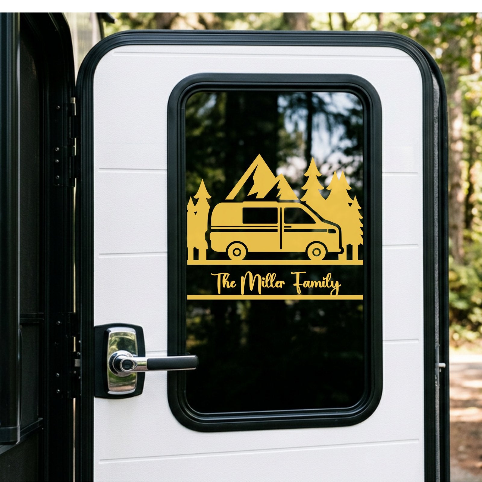 Custom camper name decal on RV window